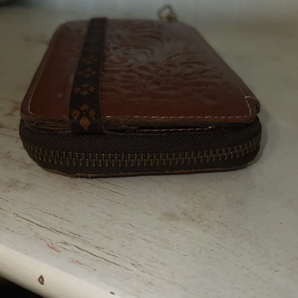 Patricia Nash Embossed Brown Leather Wallet zip around fold over